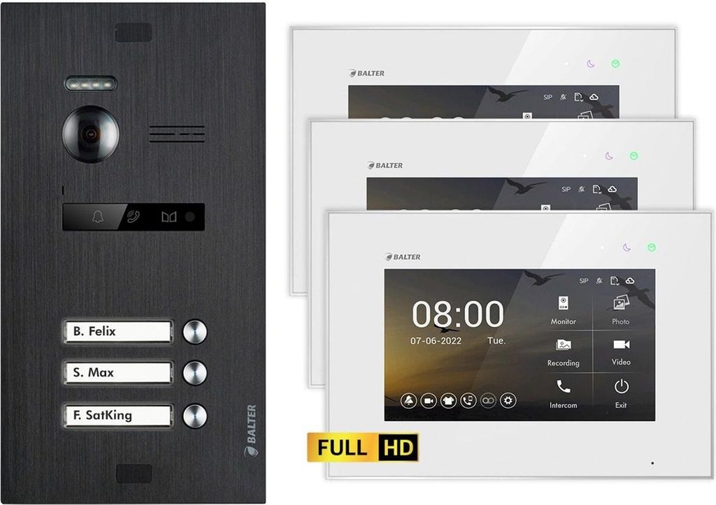 BALTER EVO HD Unterputz Schwarz 2-Draht 3x 7" Weiß Video Türsprechanlage Set für 3 Familienhaus