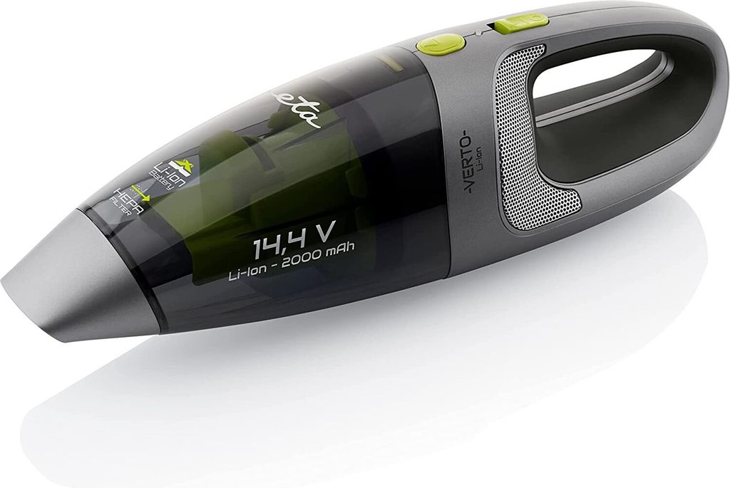 A cordless handheld vacuum cleaner is shown from a diagonal angle against a white background.