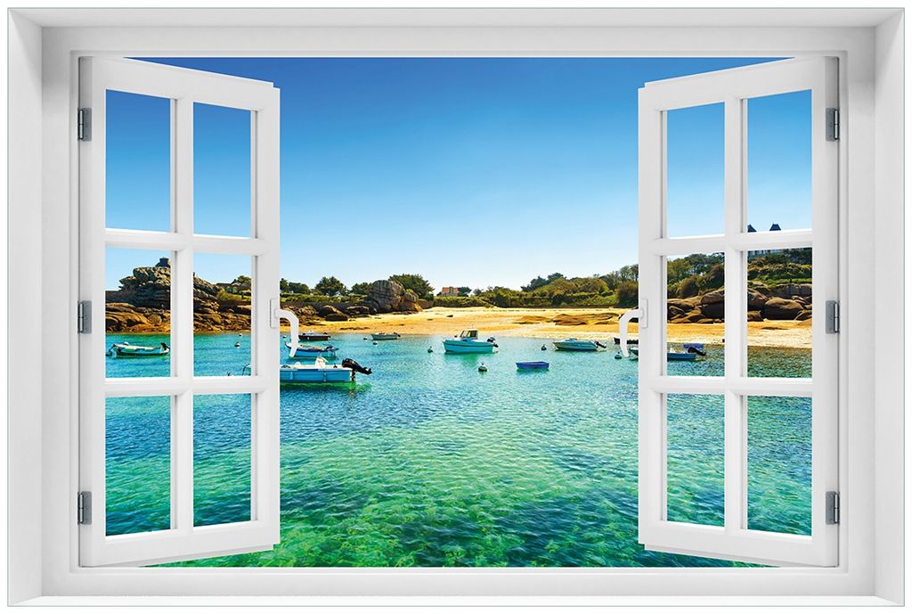 Wallario Premium Glasbild mit Fensterrahmen, freischwebende Optik, kräftige Farben, Größe 60 x 90 cm Motiv Französische Bucht mit klarem Wasser...