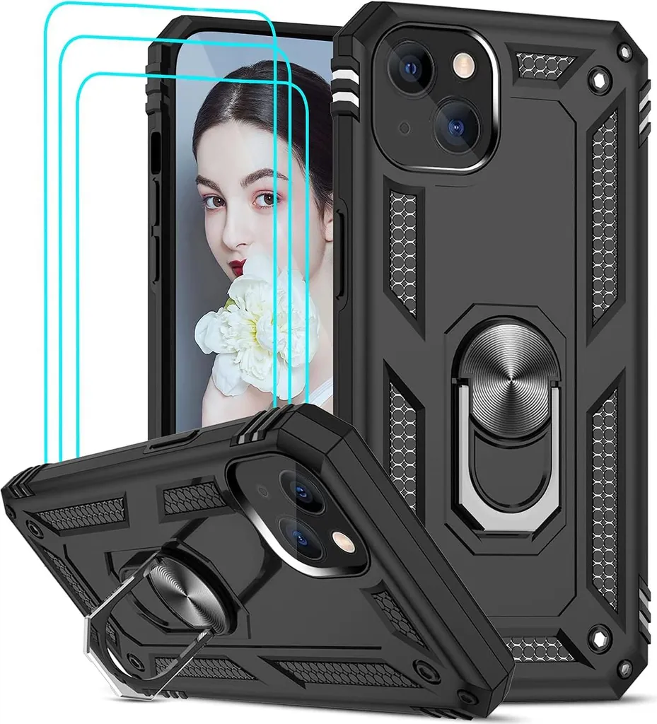 Protection iPhone 13 complète noire : coque avec support + 3 verres