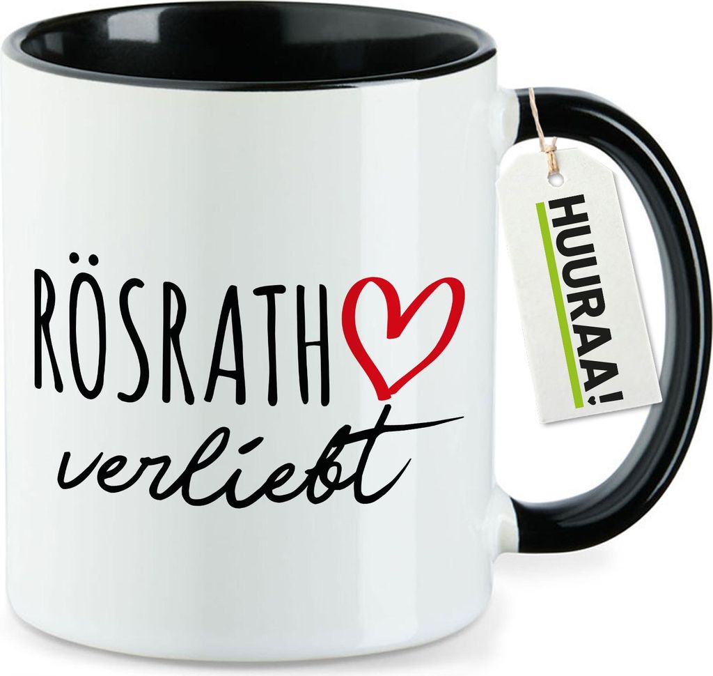 Huuraa Kaffeetasse Rösrath verliebt 330ml Schwarz Keramik Kaffeebecher Geschenkidee