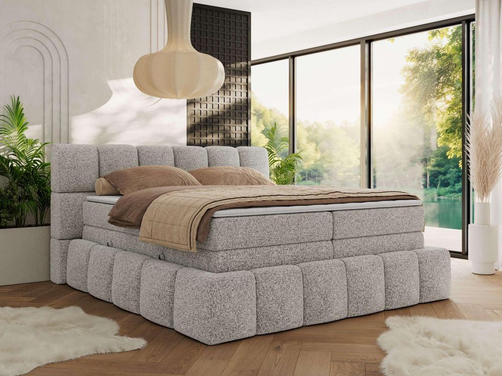 MKS MEBLE Boxspringbett 140 x 200 mit bettkasten NIRA KING, Polsterbett 7 Zonen Multipocket-Matratze und Topper, Doppelbett - Hellgrau Strukture - H4