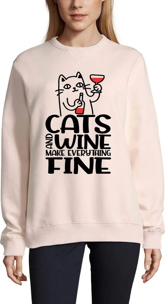 Damen Grafik Sweatshirt mit Aufdruck Lustiges Bonbon Katzen und Wein machen alles gut - süßes Kätzchen – Funny Swea Cats And Wine Make Everyth...