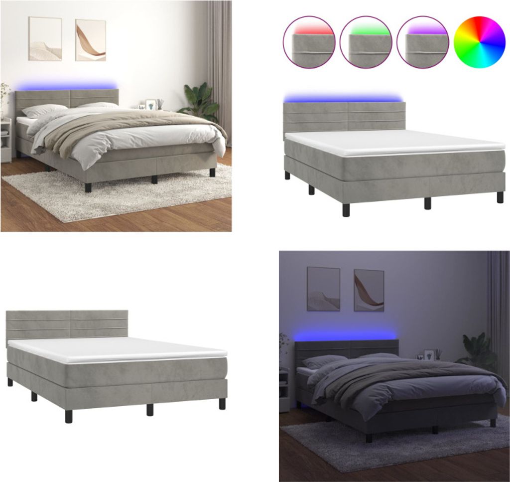 vidaXL Boxspringbett mit Matratze & LED Hellgrau 140x200 cm Samt - Boxspringbett - Boxspringbetten - Bett - Betten