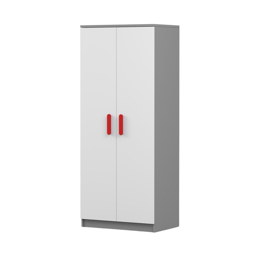 Drehtürenschrank JONAS 06 – Kinderschrank 80 cm Grau/Weiß mit roten Griffen