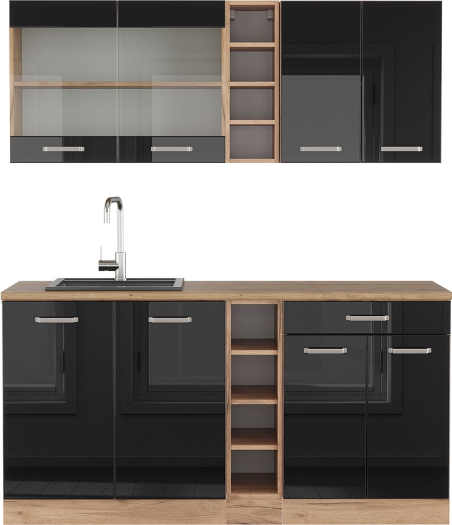 Singleküche Vicco R-Line Schwarz Hochglanz/Goldkraft Eiche 160 cm ohne Arbeitsplatte, Model 40976