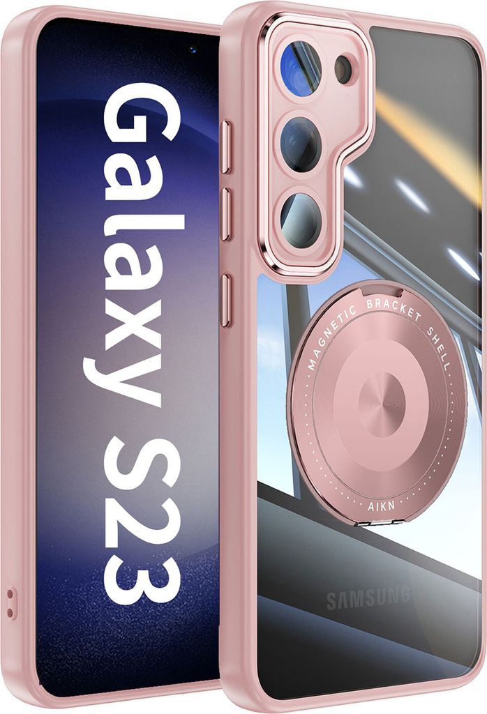 Handyhülle für Samsung Galaxy S23 Transparent Militärschutz mit Magnetring Ständer und Kameraabdeckung Pink
