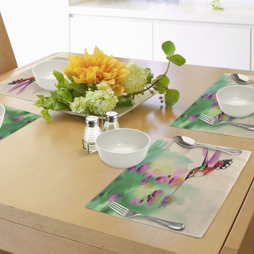 ABAKUHAUS Kolibri Platzmatten, Kunst mit Colibri-Vogel und Blumen-romantischem Frühjahr-Tropen-Natur-Thema, Tiscjdeco aus Farbfesten Stoff für da...