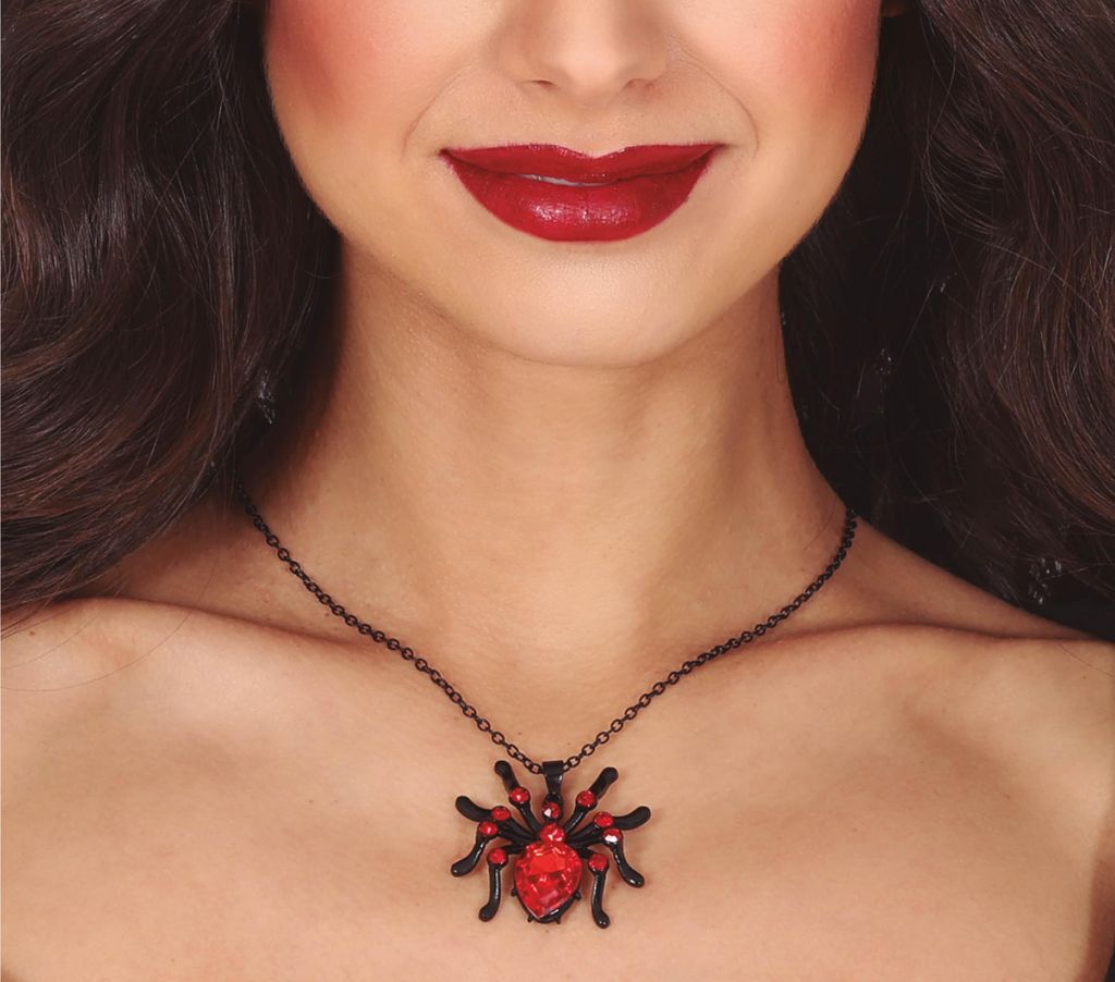 Halloween Spinnenkette Rubin Schmuck Glamouröse Gothic Accessoire Mystische Halskette Dunkle Eleganz Kostüm Kunstvoll Faszinierend Rote Edelstein...