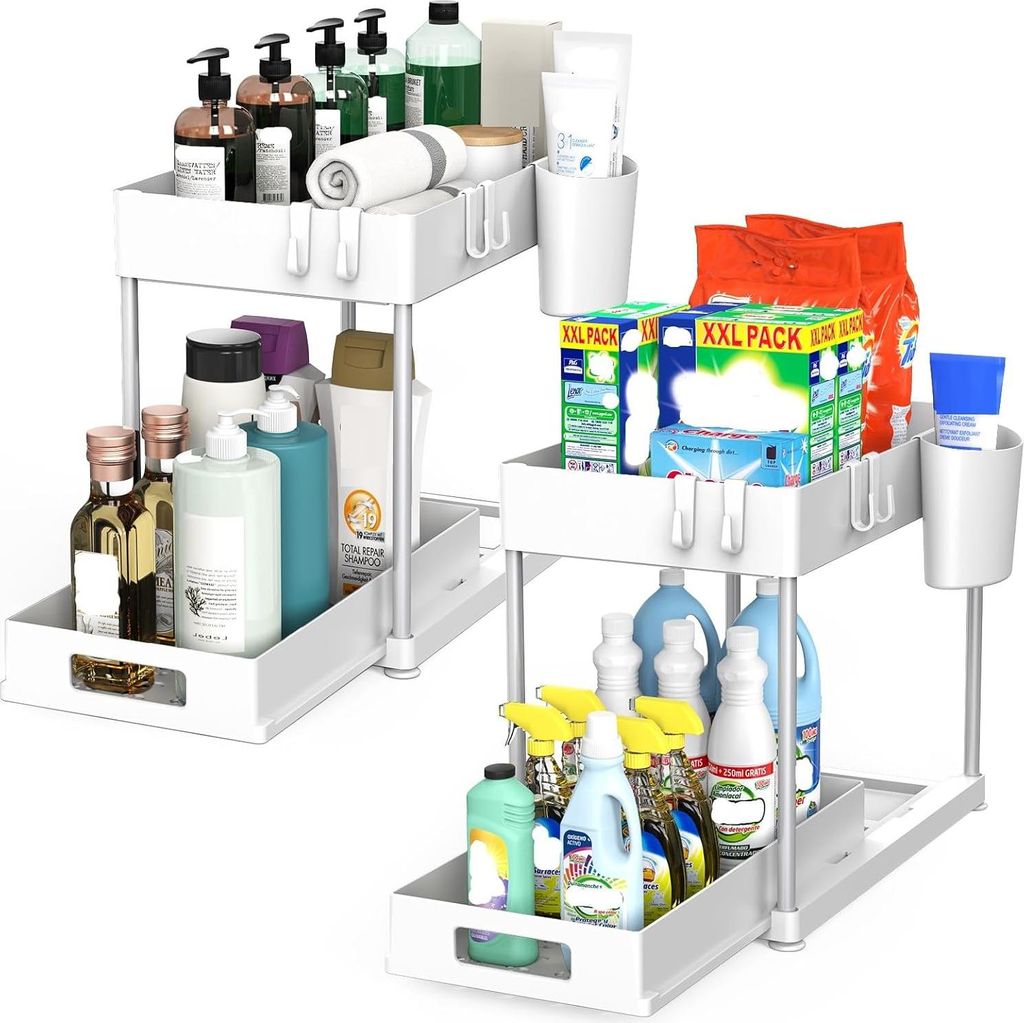 Ablageregal Arbeitsplatte Badezimmer Schubladen Küchen Organizer Regal 2 Ebenen Multifunktionales Spülschrankregal mit Ausziehbare Schublade, 2-tlg