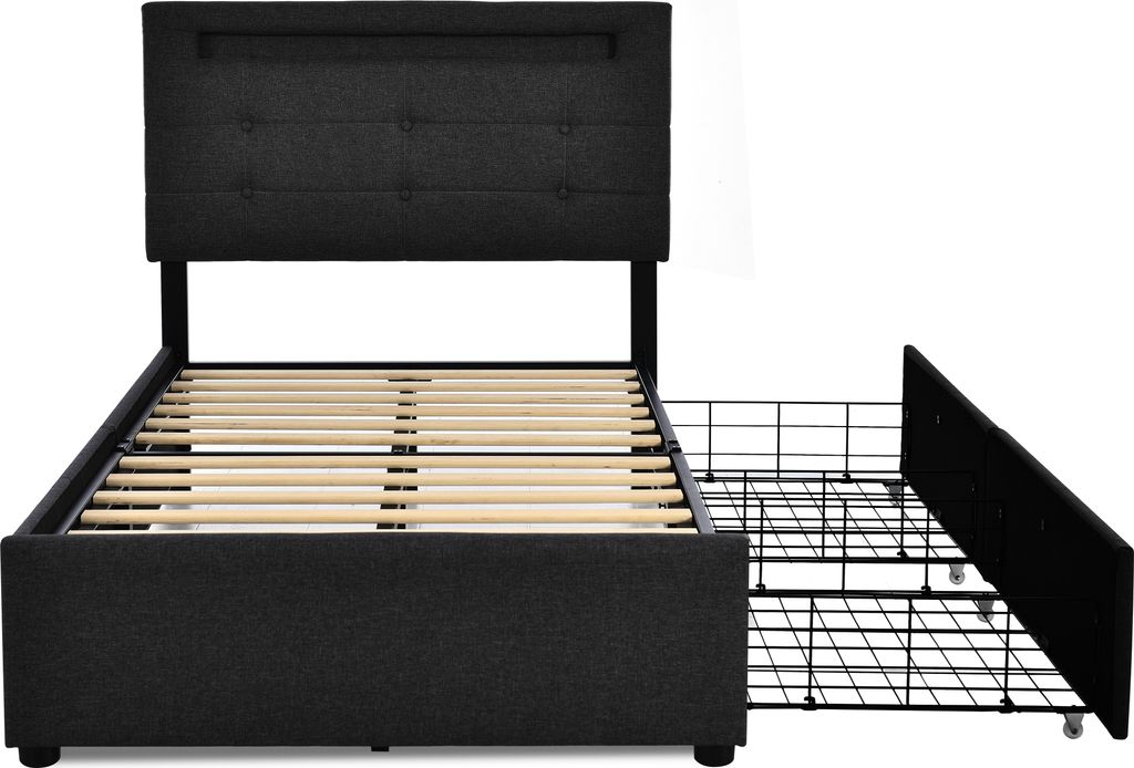 okwish Einzelbett Polsterbett Bettgestell mit LED-Beleuchtung und 2 Schubladen, 90x200cm, Höhenverstellbarem Kopfteil, Lattenrost aus Holz, Schwar...