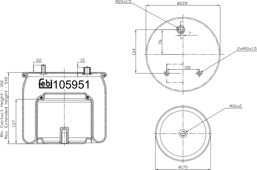 FEBI BILSTEIN Luftfederbalg 105951 ungelenkte Vorlaufachse ungelenkte Nachlaufachse für DAF CF 530 160mm 227 170mm