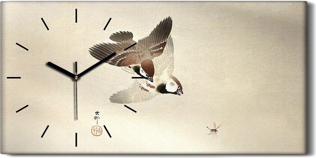 Wohnzimmer-Bild Leinwand Uhr 60x30 Gemälde Asiatische Tier Vogel Sperlinge Kunst - schwarze Hände
