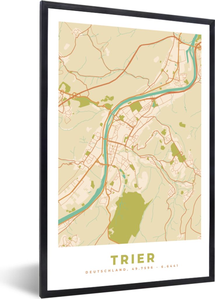 MuchoWow Gerahmtes Poster Trier - Karte - Stadtplan - Vintage 20x30 cm - Poster mit Schwarzem Bilderrahmen Wandposter Rahmen Foto Bilder - Drucke...