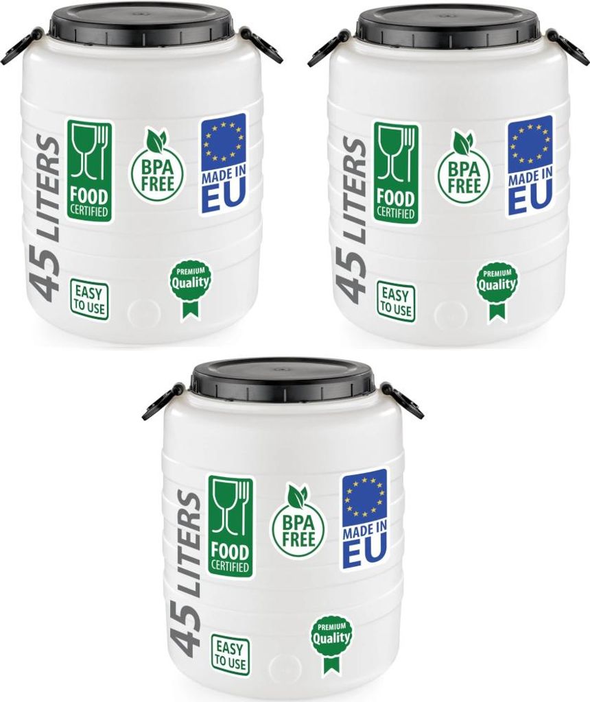 3er Set Weithalsfass Fasssilage Gepäcktonne Gärfass Gärbehälter Futtertonne 45 Liter mit Deckel Druck weiß