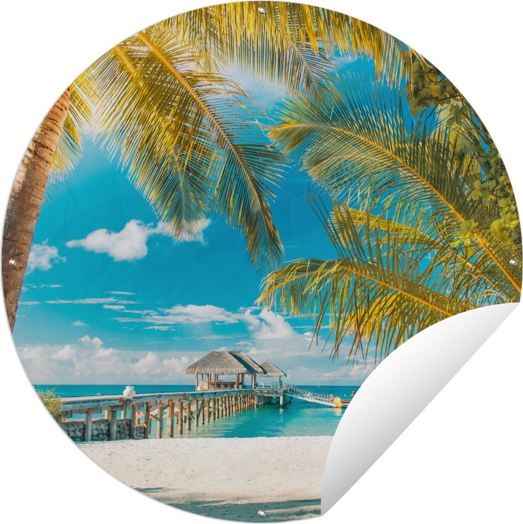 MuchoWow Gartenposter Outdoor-Poster Rund Tropisch - Strand - Palme Ø 60 cm Gartendeko Rundes Poster draußen