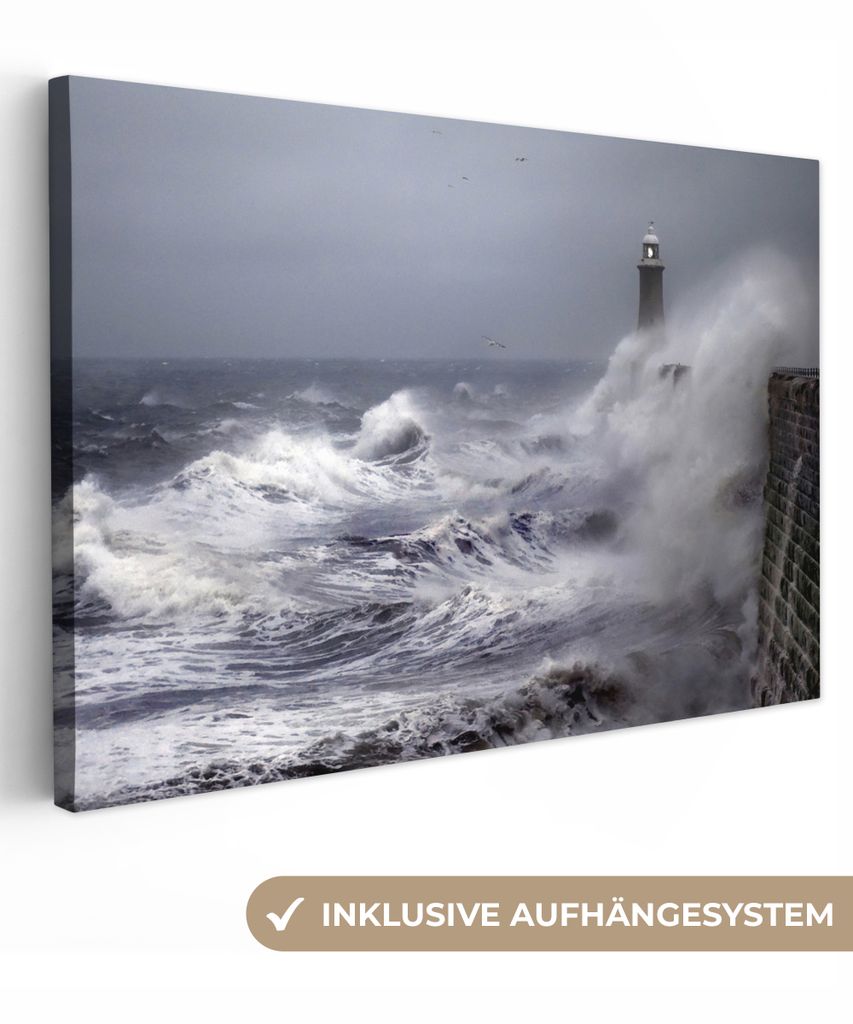 OneMillionCanvasses - Leinwandbilder - 140x90 cm, Der Leuchtturm mit der stürmischen Mole Tynemouth, Wandbilder Kunstdruck Wanddekoration - Foto...