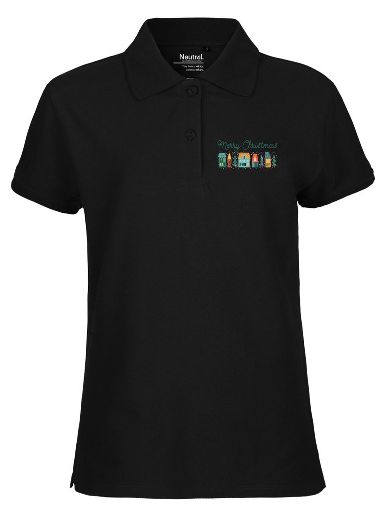 Huuraa Damen Polo Shirt Merry Christmas Weihnachtsdorf XXL Black Bio Baumwolle Fairtrade Poloshirt Geschenkidee