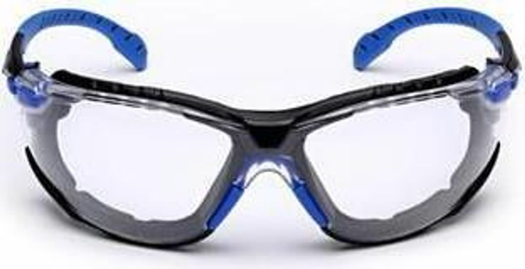 A pair of safety glasses on a white background.