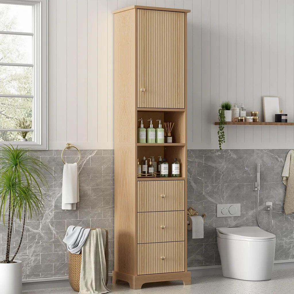 Colonne de salle de bain haute avec vitrine et étagères bois naturel