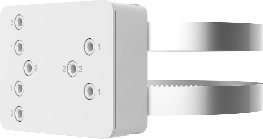A white camera mount with two white bands attached to the side.