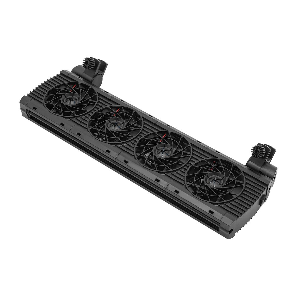 A black aquarium fan cooler with four fans is shown against a white background.