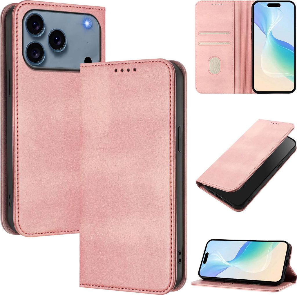 Handyhülle für iPhone 17 Pro Max, Vintage Leder RFID Schutz Kartenfach Standfunktion Magnetische Klapphülle Pink