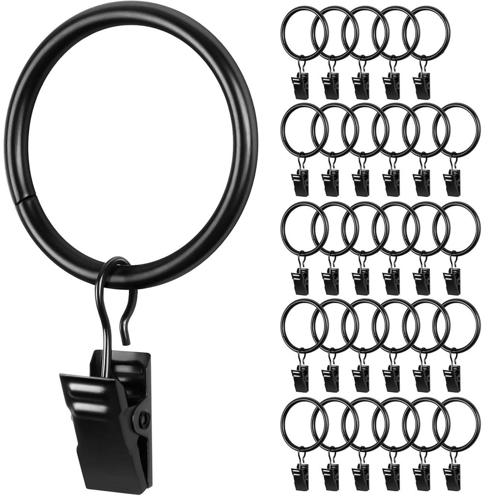 Robuste Gardinenstangenringe mit einem Innendurchmesser von 38 mm, für Gardinenstangen, Duschstangen und Gardinen, schwarze Ausführung, langlebig...