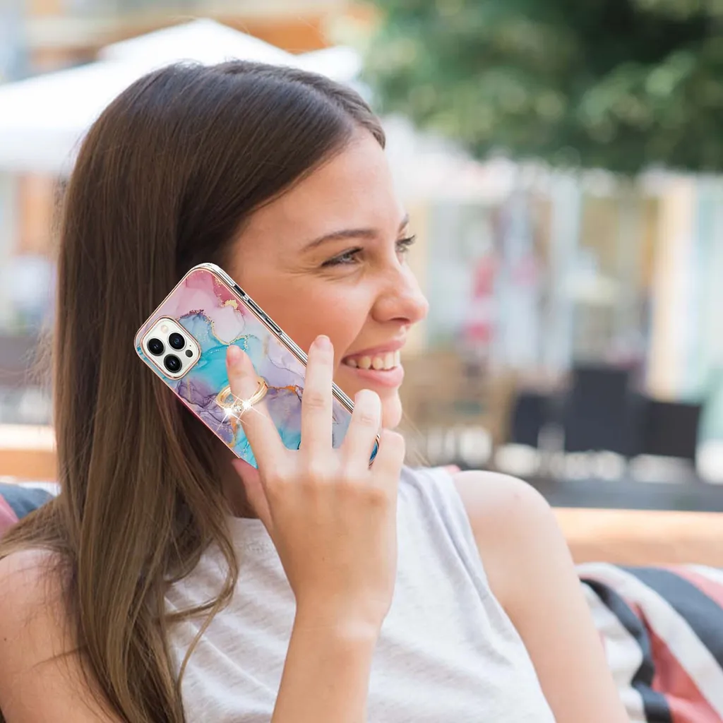 Custodia per iPhone 14 Pro, custodia protettiva in silicone TPU a fantasia con supporto ad anello blu - 4
