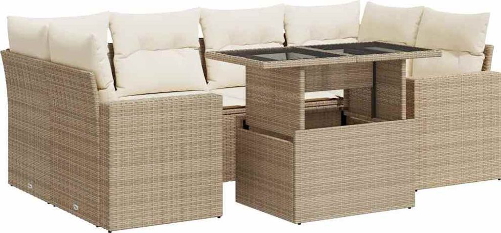 vidaXL 7-tlg. Garten-Sofagarnitur mit Kissen Beige Poly Rattan