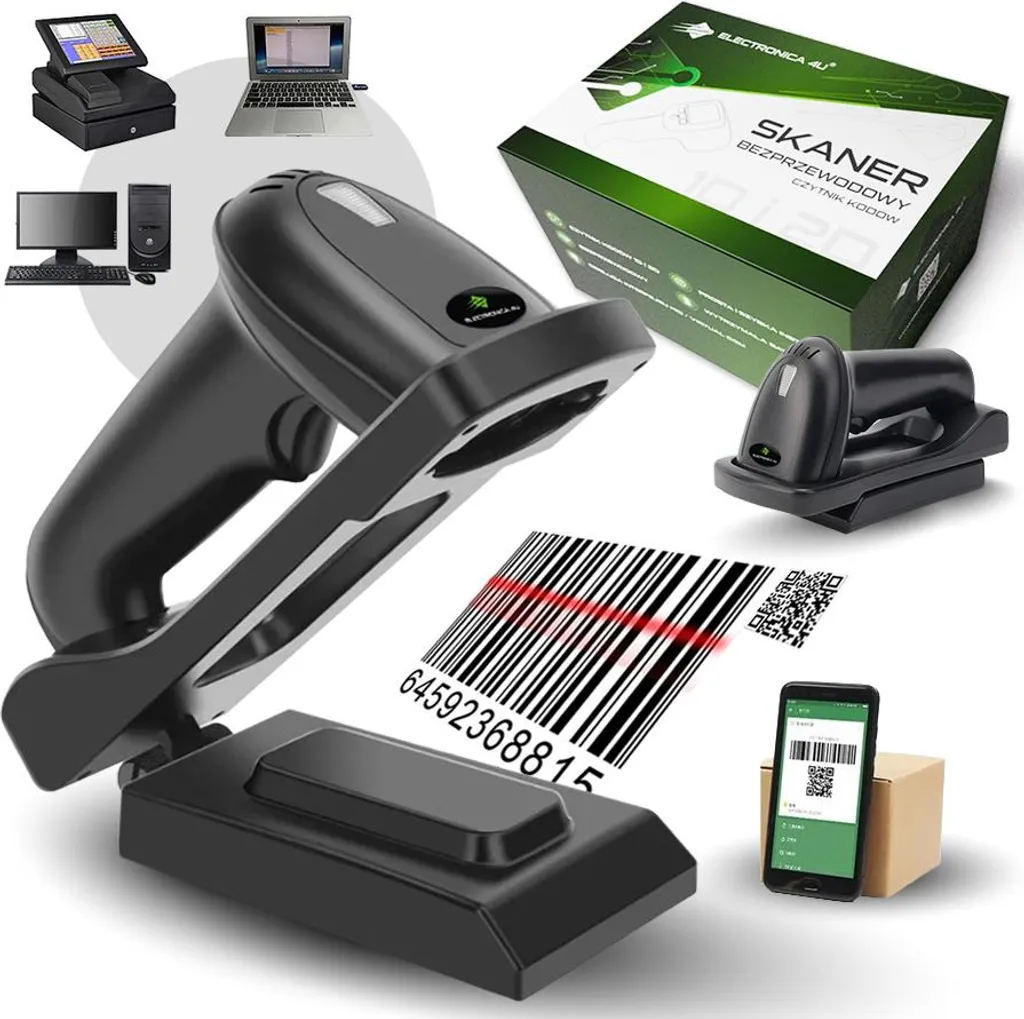 Scanner de code-barres Bluetooth QR 2D avec socle de charge sans fil