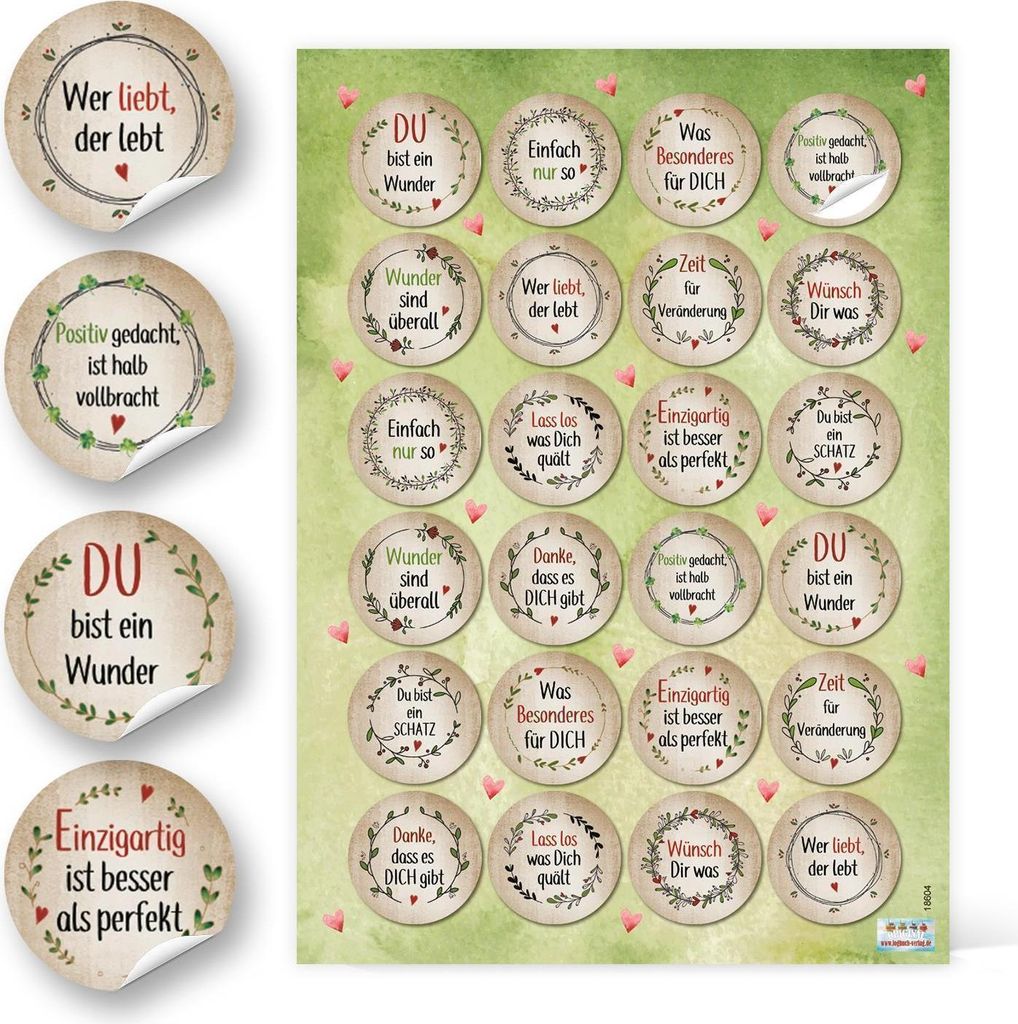 Motivierende Aufkleber - 4 cm rund - braun rot grün floral Statements Geschenkaufkleber Give-Away24 Aufkleber / 1 Bogen