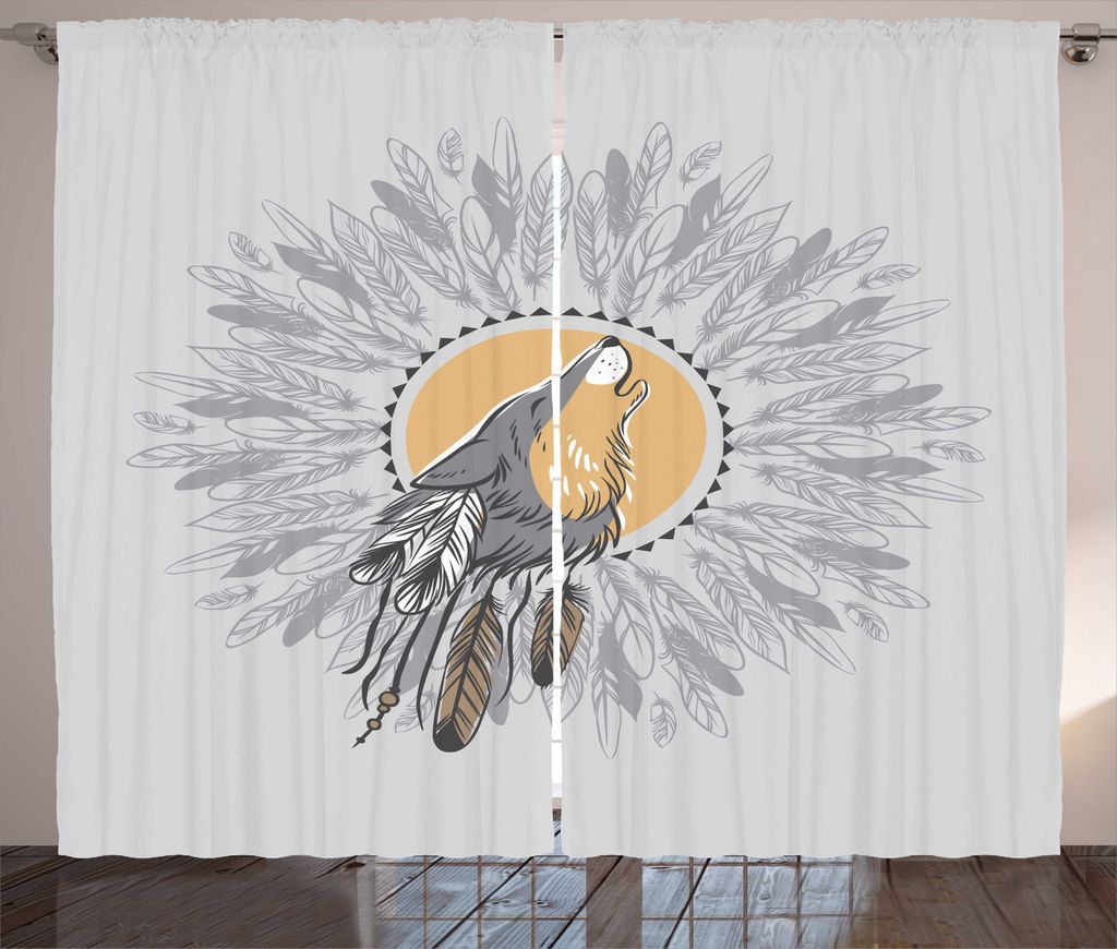 ABAKUHAUS Stammes Rustikaler Vorhang, Howling Wolf und Federn, Wohnzimmer Universalband Gardinen mit Schlaufen und Haken, 280 x 225 cm, Grau Peach ...