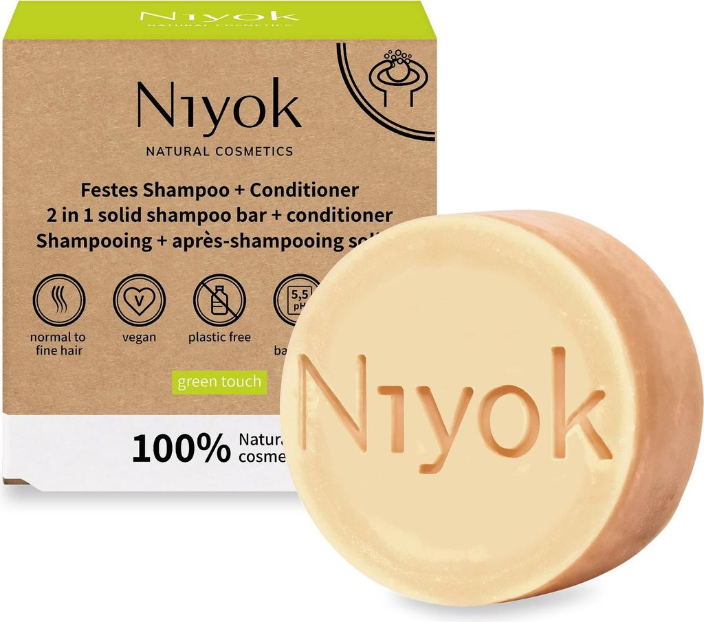 Niyok 2-in-1 Festes Shampoo + Conditioner "Green Touch" (80g), Vegane Haarseife, Nachhaltiges Shampoo & Spülung,Haarshampoo & Haarspülung