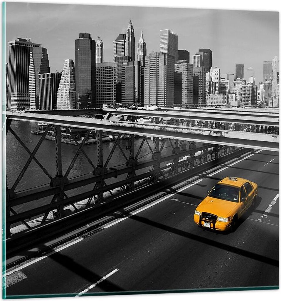 Bilder auf glas - New York Manhattan Brooklyn Brücke Taxi - 30x30cm - Glasbilder - Wandbilder - Kunstdruck - Wanddekoration aus Glas - Glas Bilder...