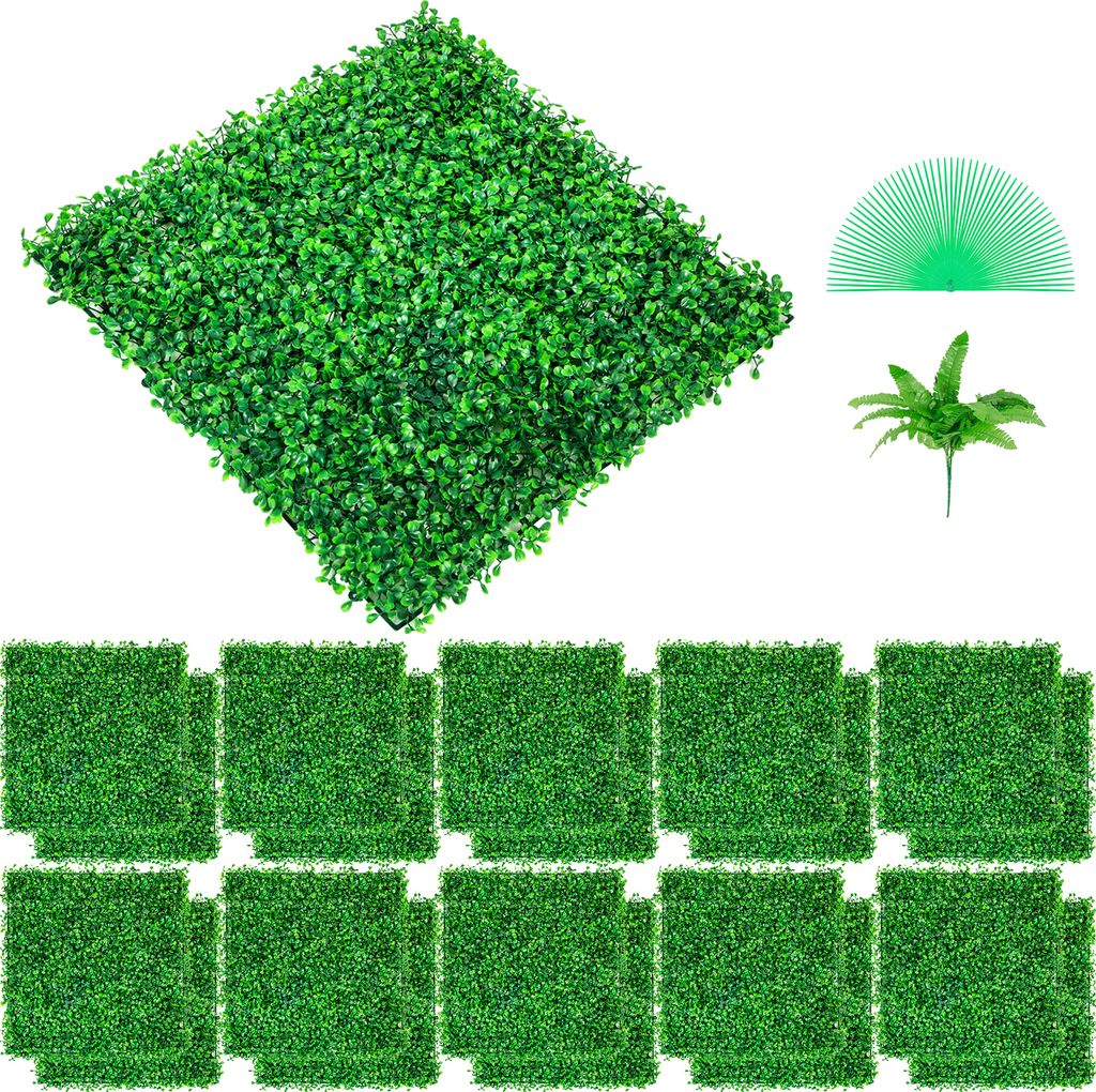 SucceBuy UV-Buchsbaumplatten, 24 Stück | 10 x 10 Zoll große künstliche Heckenwand | Hintergrund aus grünem Gras | Sichtschutzzaun | Innen/Auße...