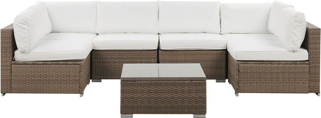 BELIANI Gartenmöbel Set Braun Polyrattan Aluminium 6-Sitzer Auflagen Weiß Polyester Terrasse Outdoor Minimalistisch Modern