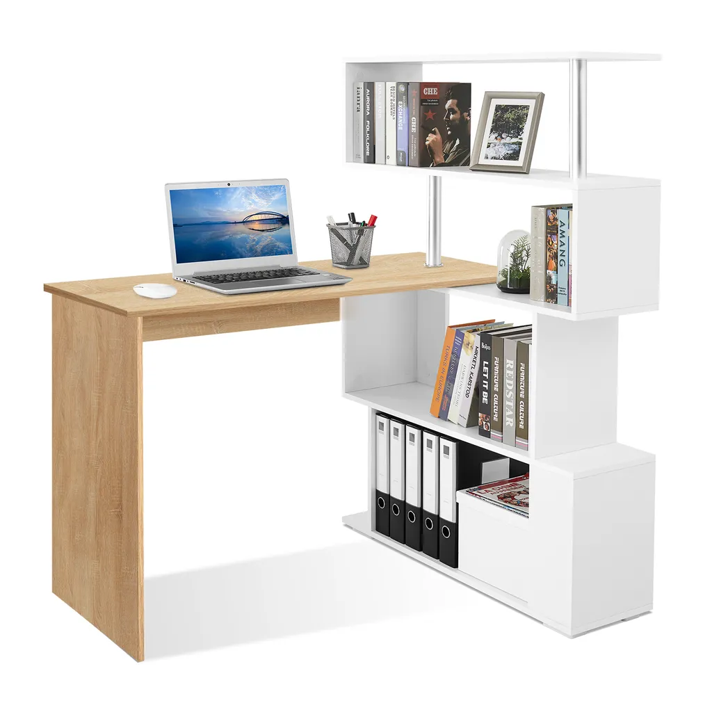 Bureau d'angle pivotant table de travail ergonomique coloris bois et blanc