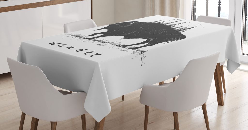 ABAKUHAUS Büffel Tischdecke, Bison Fernweh Wörter Kunst, Schmutzabweisend Pflegeleicht Waschbar Druck Mit Klaren Farben ohne Verblassen, 140 x 24...