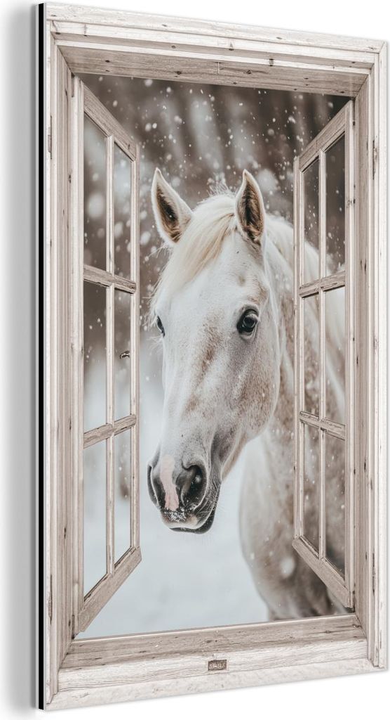 MuchoWow Wanddekoration Metall Metallbild Wandkunst 40x60 cm Pferd - Weiß - Winter - Schnee - Durchsichtig - Tiere MuchoWow Aluminium Gemälde - W...