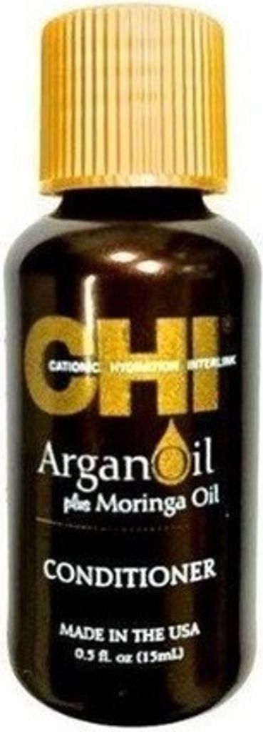 A product shot of a small bottle of CHI Argan Oil plus Moringa Oil Conditioner.