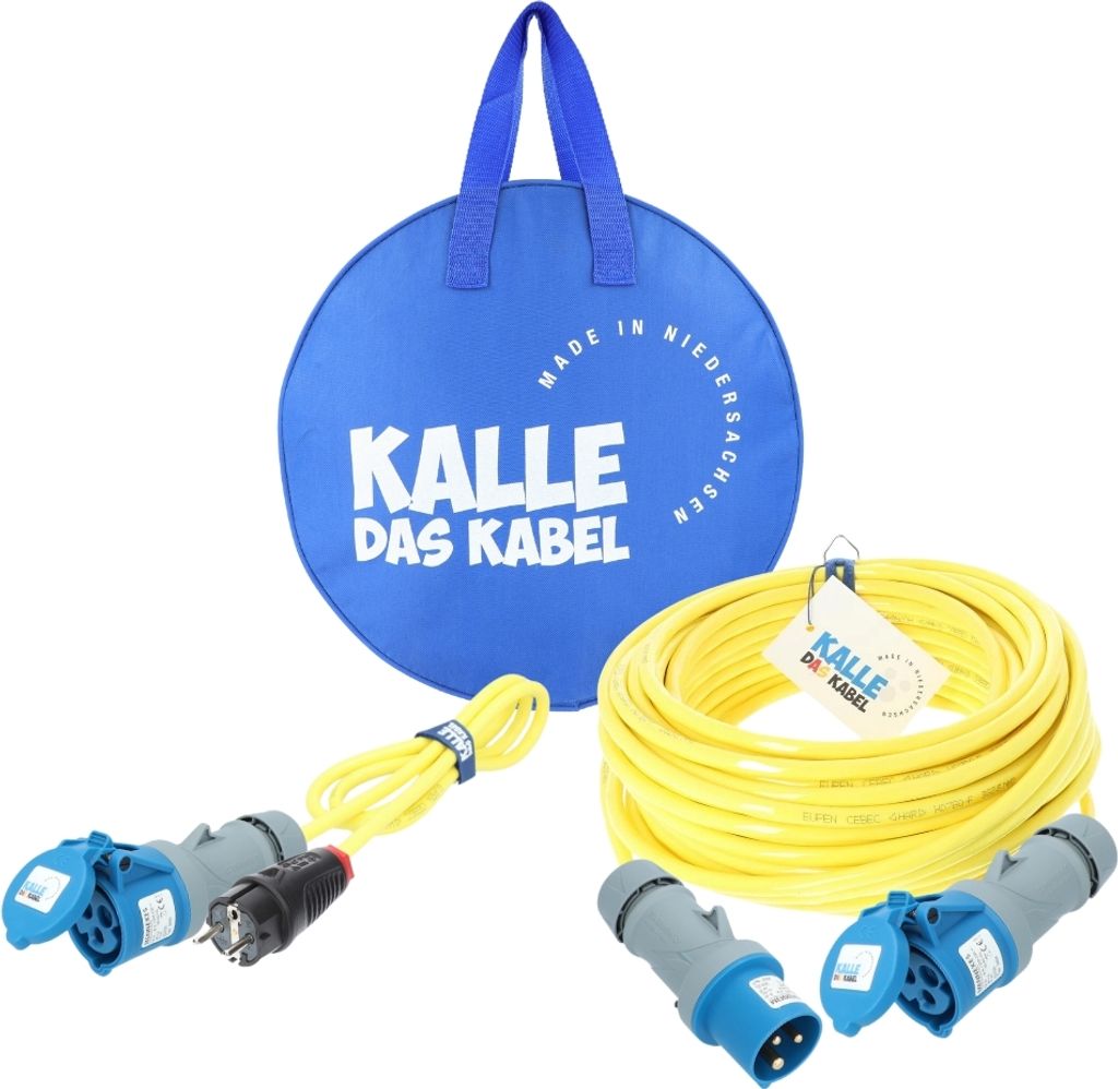 KALLE Camping Starter Set Campingkabel Polyurethan GELB 3G 2,5 mm² 25 Meter + Adapterkabel 3G 2,5 mm² 1,5 Meter Schuko Stecker auf CEE Kupplung