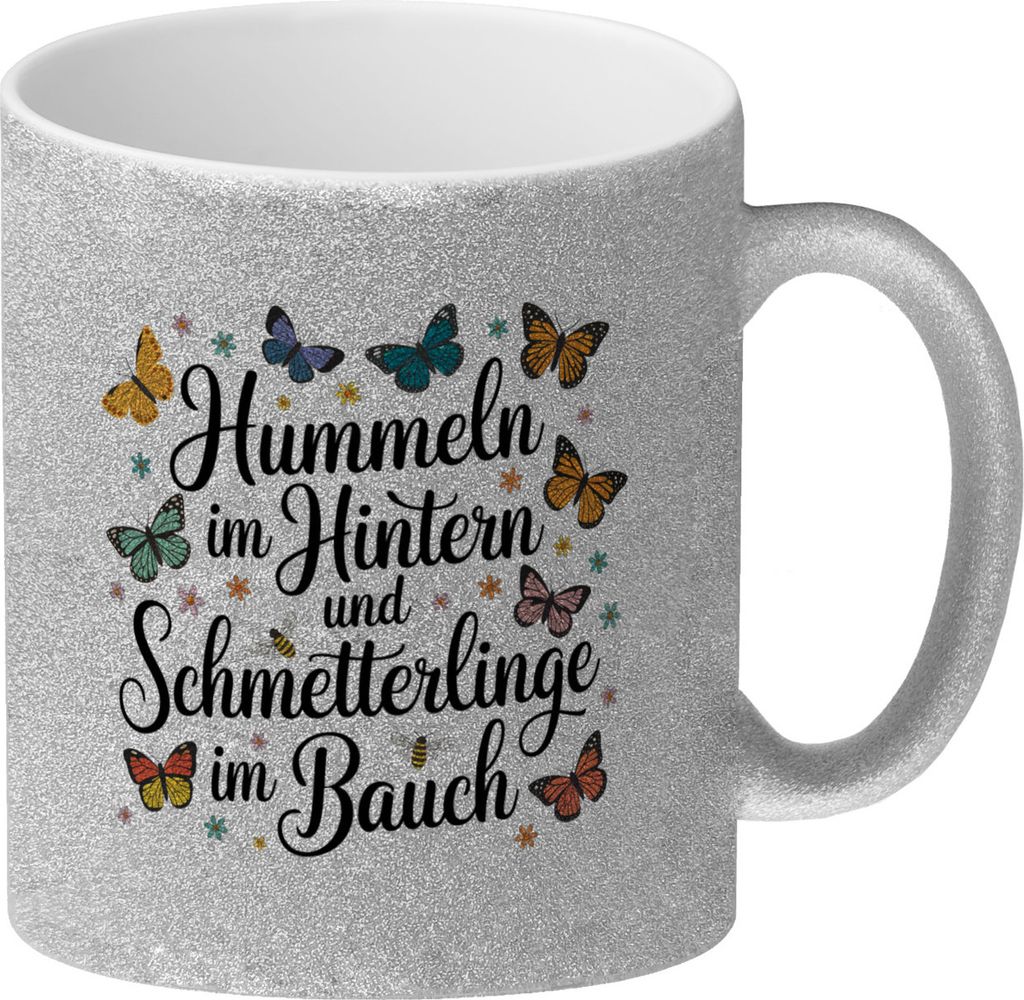 Frühlingsspruch Glitzer-Kaffeebecher mit Hummeln und Schmetterlingen