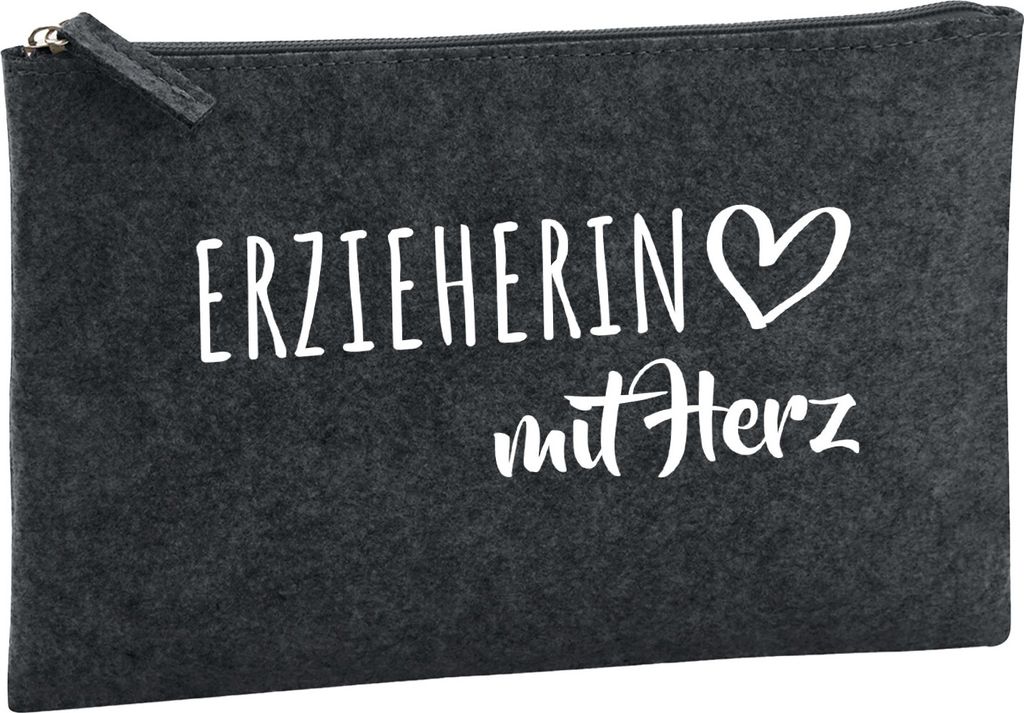 Huuraa Kulturbeutel Erzieherin mit Herz 1 Liter Charcoal Filz Kosmetiktasche Geschenkidee