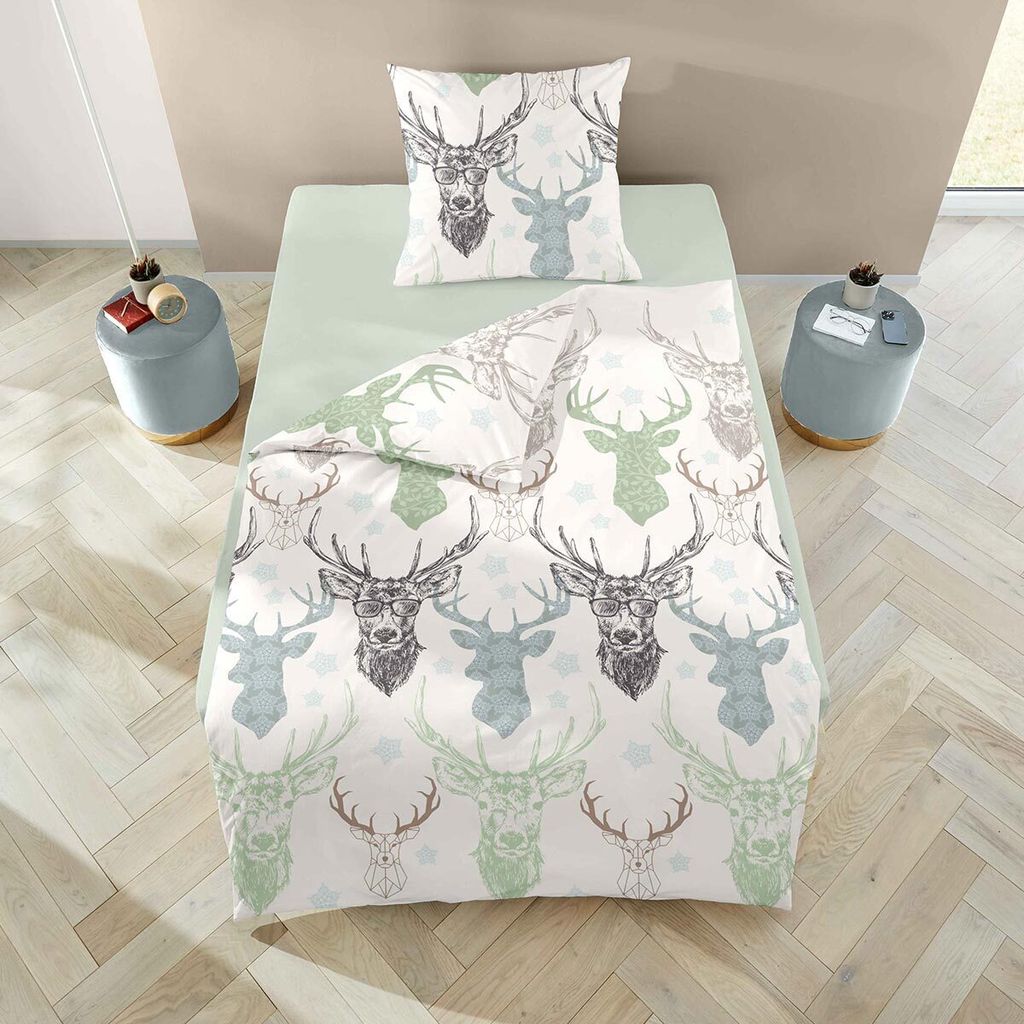 Traumschlaf Feinbiber Bettwäsche Hirsch mit Brille 155x220 cm + 80x80 cm