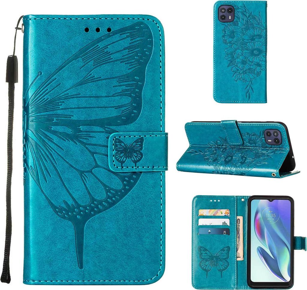 Moto G50 5G Hülle, Schmetterling Prägung Flip Leder Kartenfächer Schutzhülle Ledertasche mit Ständer für Motorola Moto G50 5G Blau