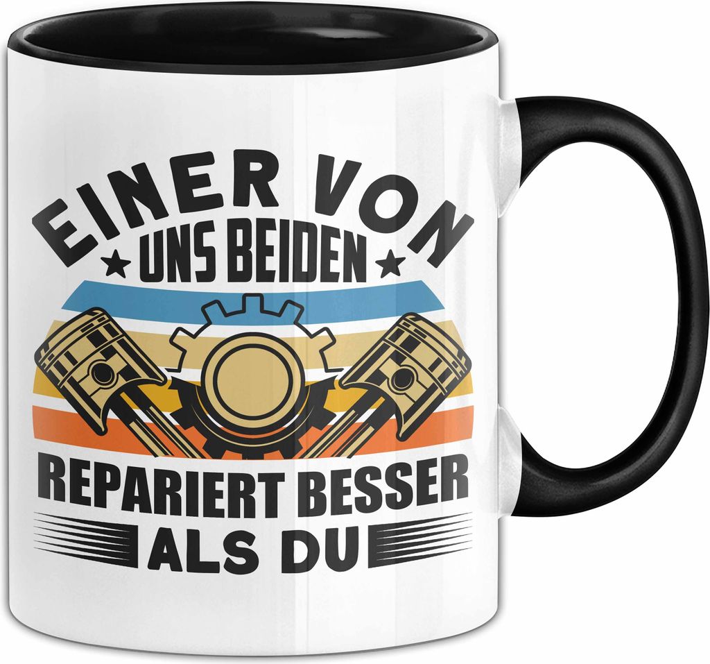 Kfz Mechaniker Tasse Geschenk Spruch Für Auto Reparierer Einer Von Uns Beiden Repariert Besser Als Du Becher (Schwarz)