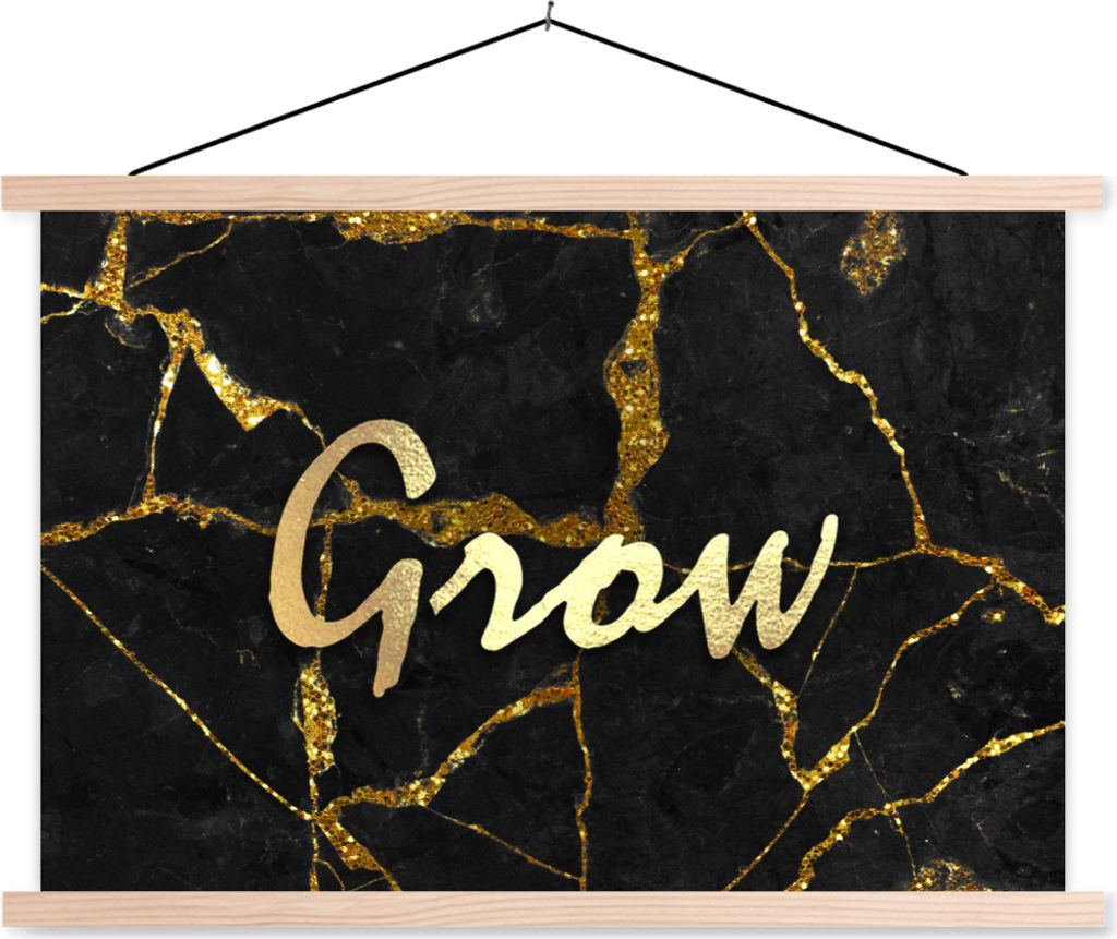 MuchoWow Textilposter Zitat - Wachstum - Gold - Schwarz 60x40 cm mit holzfarbenen Rahmen - Bilder