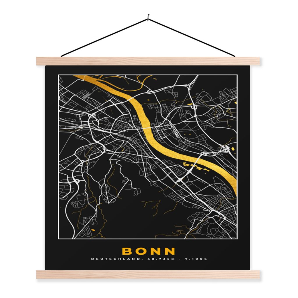 MuchoWow Textilposter Bonn - Stadtplan - Karte - Gold - Deutschland 60x60 cm mit holzfarbenen Rahmen - Wanddekoration