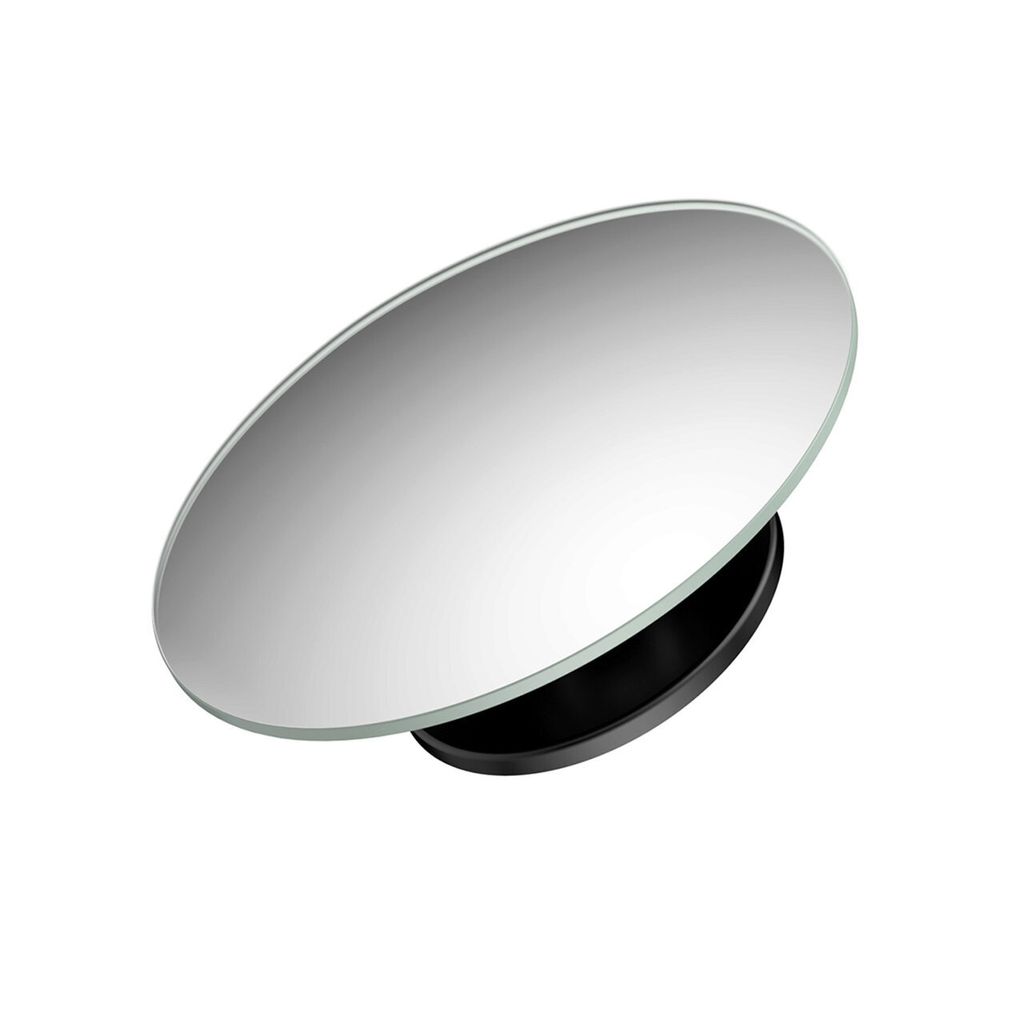 A close-up studio shot of a blind-spot mirror.
